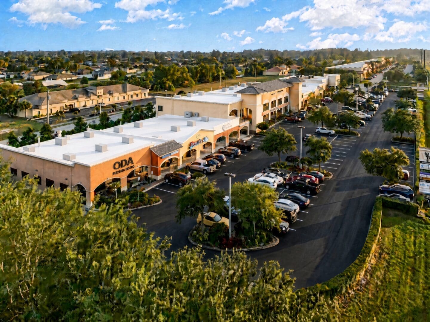 Aerial view of Plaza del Sol with ODA Pizzeria, 900 SW Pine Island Rd, Cape Coral, FL