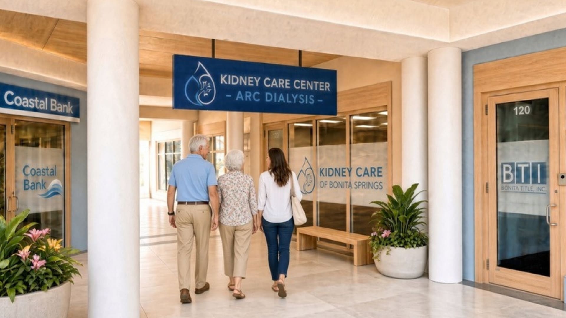 Shoppers walking the covered breezeway past Kidney Care and Coastal Bank at North Bay Village, Bonita Springs, FL