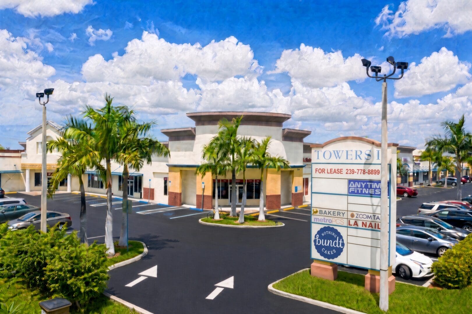 Cape Coral Towers I sign and storefronts on Santa Barbara Blvd, Cape Coral, FL